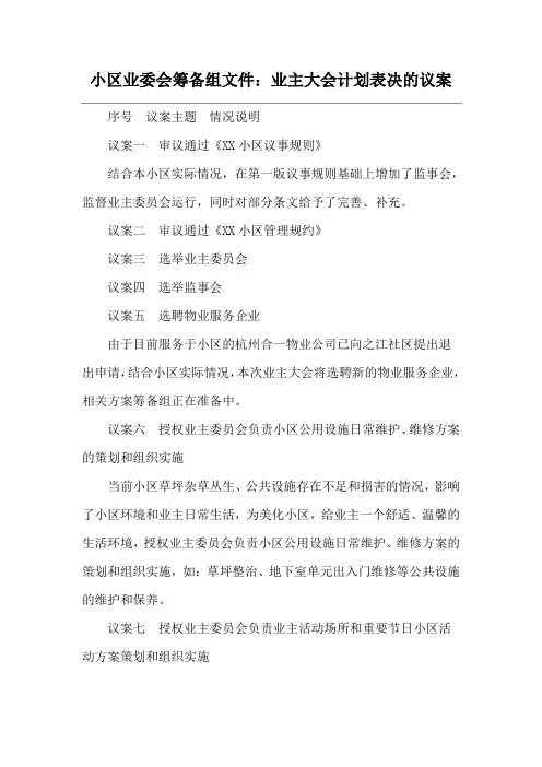 小区业委会筹备组文件：业主大会计划表决的议案