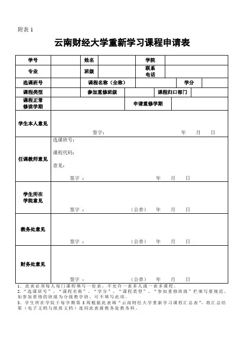 云南财经大学重新学习申请表