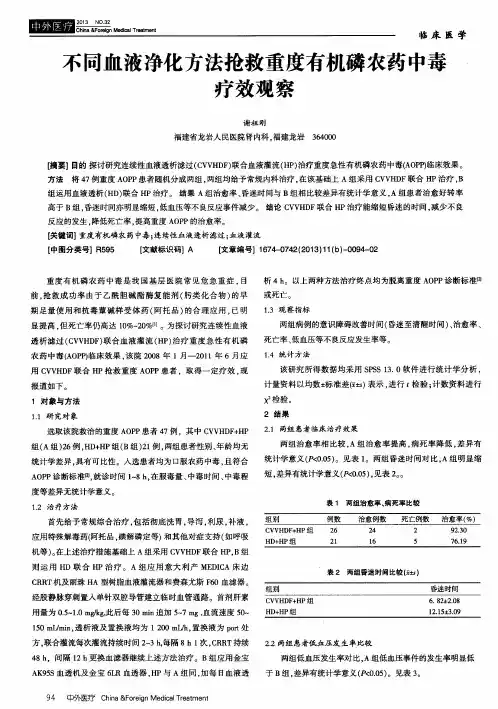 不同血液净化方法抢救重度有机磷农药中毒疗效观察