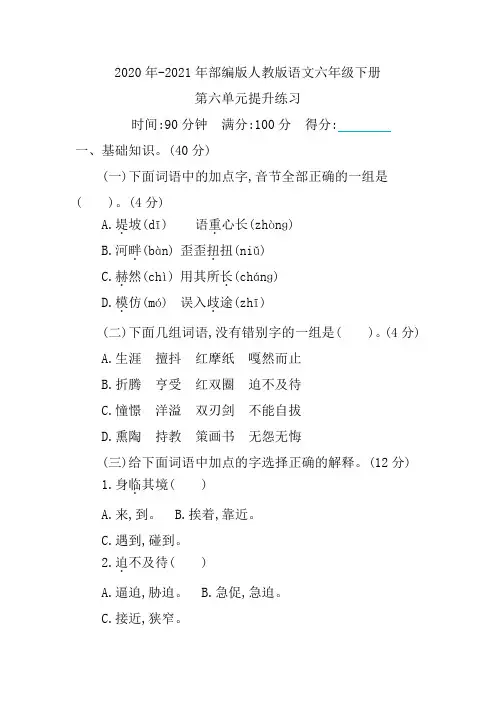 部编版人教版语文六年级下册第六单元提升练习测试卷