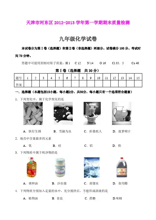 天津市河东区2012-2013学年第一学期期末质量检测九年级化学试卷(word版)