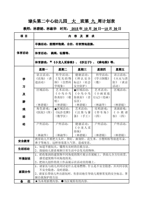第九周周活动计划表、区域活动计划表