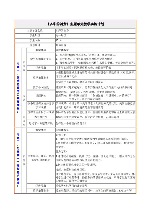 《多彩的消费》主题单元实施计划(赵炳勇)