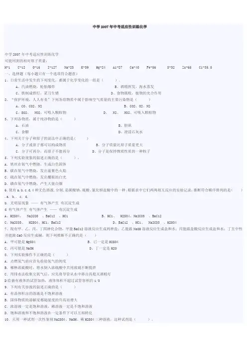 中学2007年中考适应性训练化学