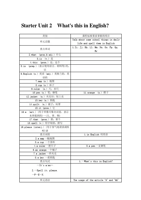 人教版七年级英语上册二次备课StarterUnit2 What’s this in English(共2课时)教学设计含答案