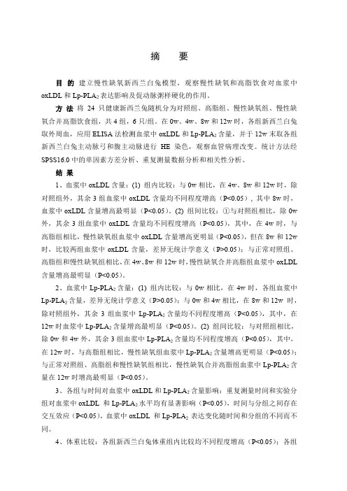 慢性缺氧及高脂饮食影响兔血浆中oxLDL及Lp-PLA2表达及促动脉粥样硬化形成