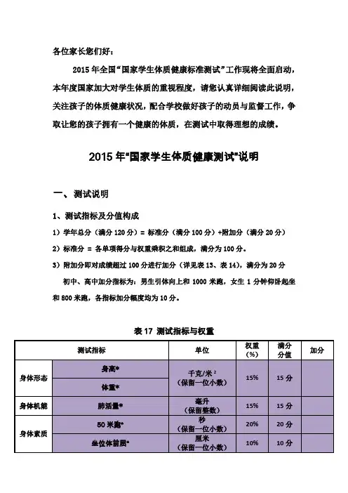 初高中学生国家体质健康测试说明