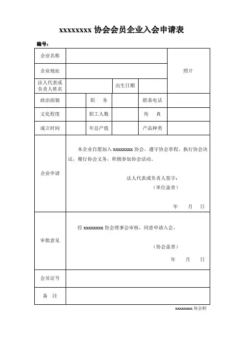 协会会员企业入会申请表