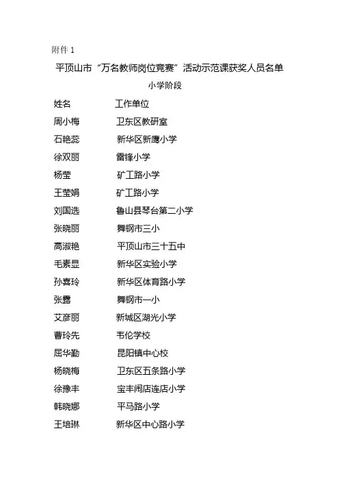 平顶山市“万名教师岗位竞赛”活动示范课获奖人员名单