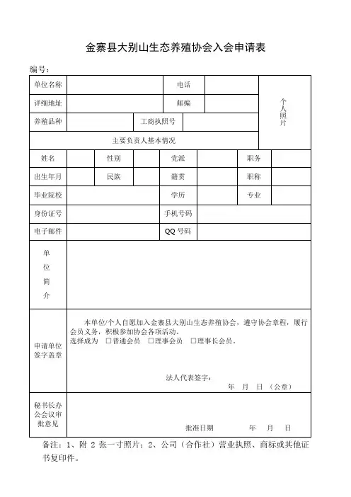 协会会员入会申请表