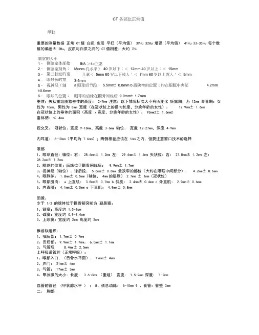 CT各部位正常值