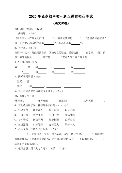 2020年民办中学小升初提前招生考试语文数学整套试卷及答案