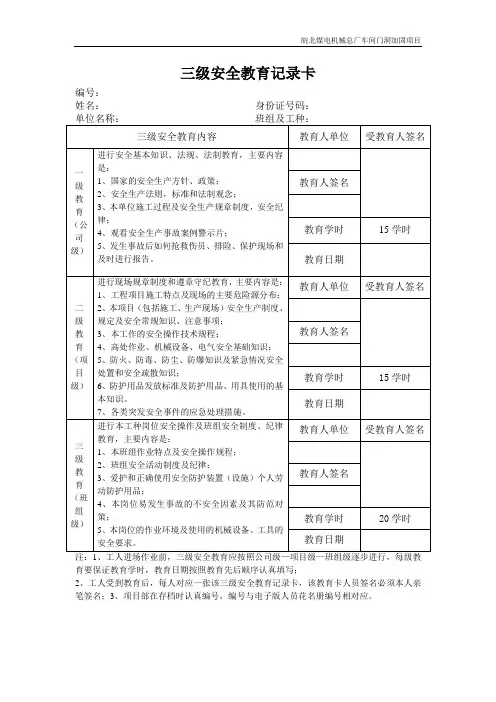 三级安全教育记录卡 人员身份证复印件