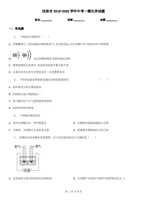 沈阳市2019-2020学年中考一模化学试题(模拟)