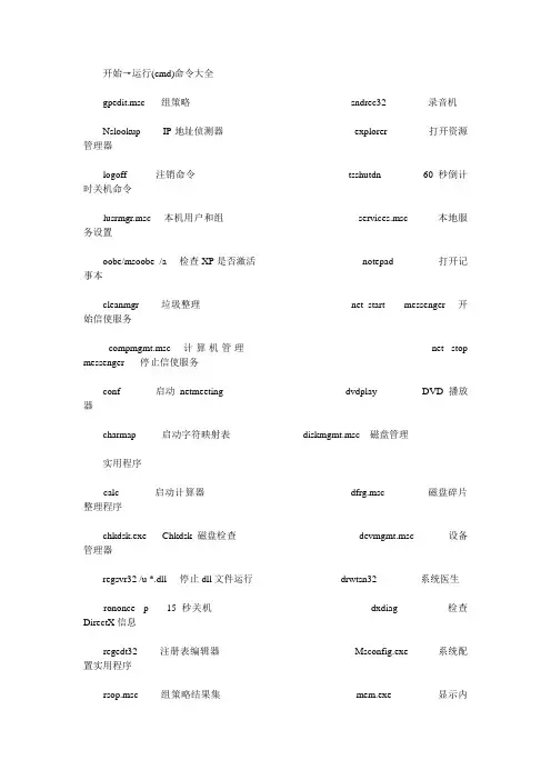 开始→运行(cmd)命令大全