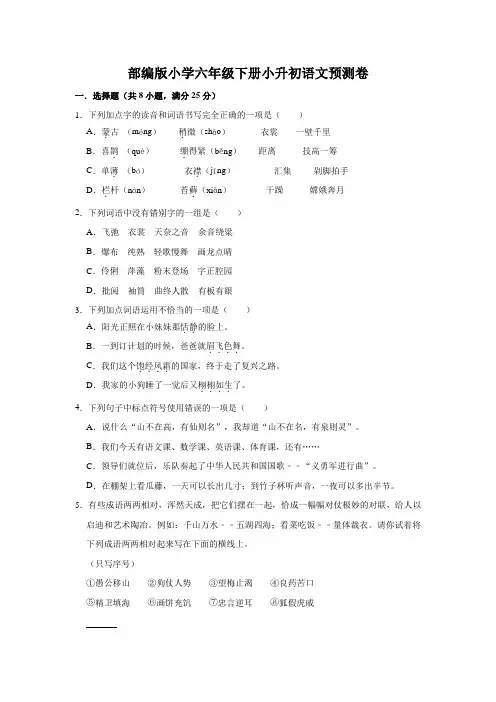 人教部编版2020-2021年小升初语文模拟试卷(解析版)
