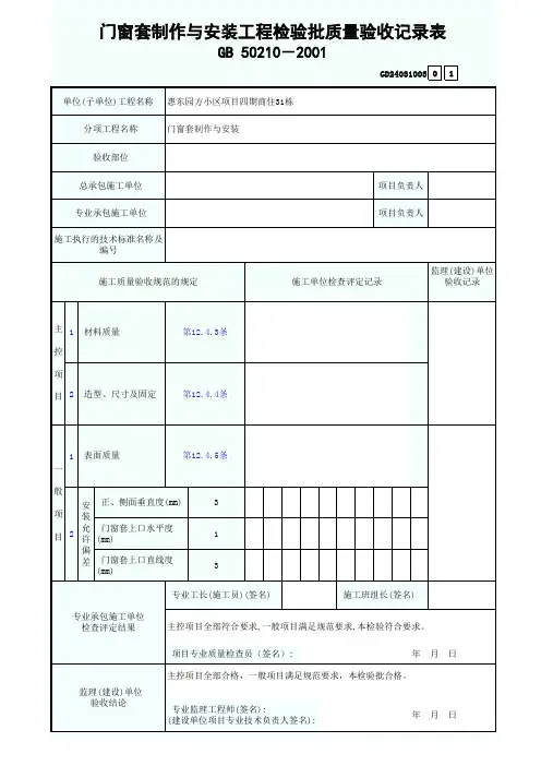 门窗套制作与安装工程检验批质量验收记录表