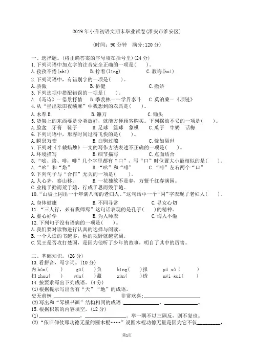 2019年小升初语文期末毕业试卷(淮安市淮安区)