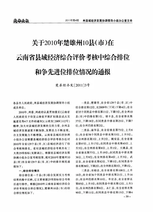 关于2010年楚雄州10县(市)在云南省县域经济综合评价考核中综合排位和争先进位排位情况的通报