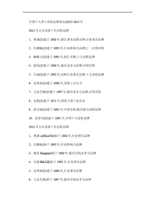 中国十大男士皮鞋品牌排名(2012-2013年).