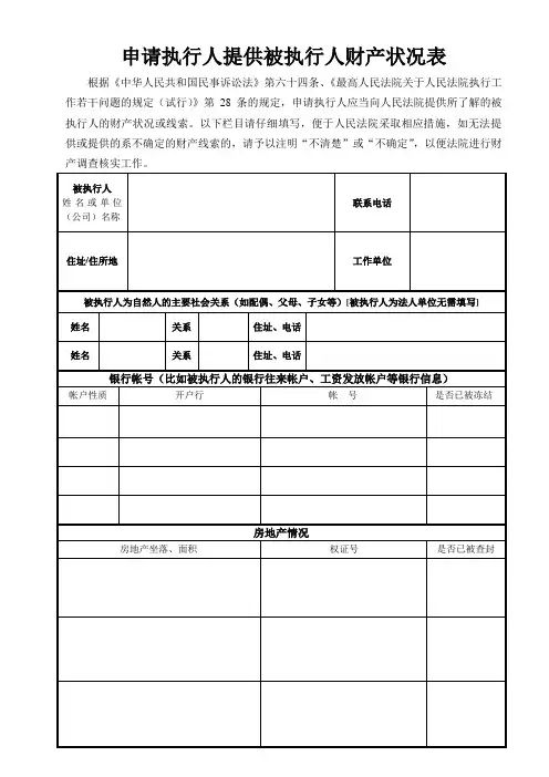 申请执行人提供被执行人财产状况表