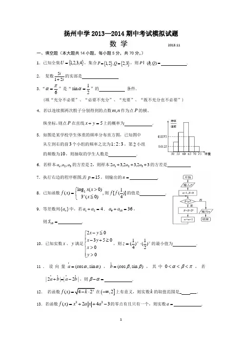 扬州中学2014届高三上学期期中考试模拟数学试题