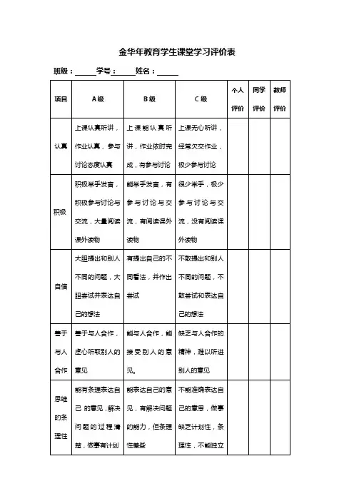 学生课堂学习评价表