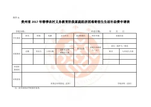 贵州省2017年春季农村义务教育阶段家庭经济困难寄宿生生活补助费申请表