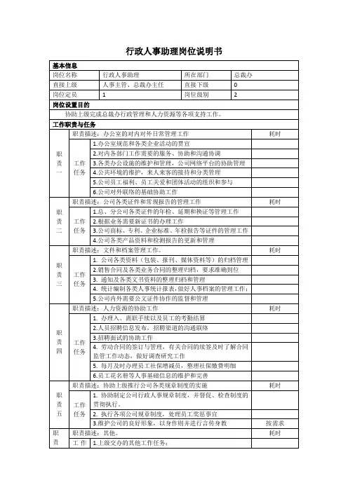 行政人事助理岗位说明书