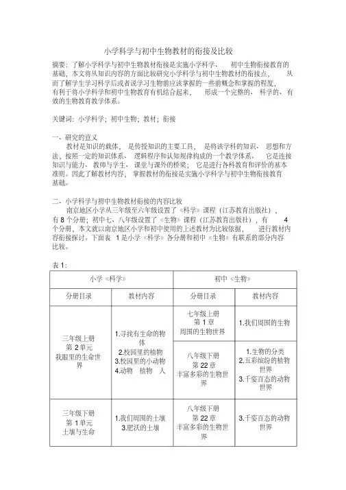 【精品】小学科学与初中生物教材的衔接及比较