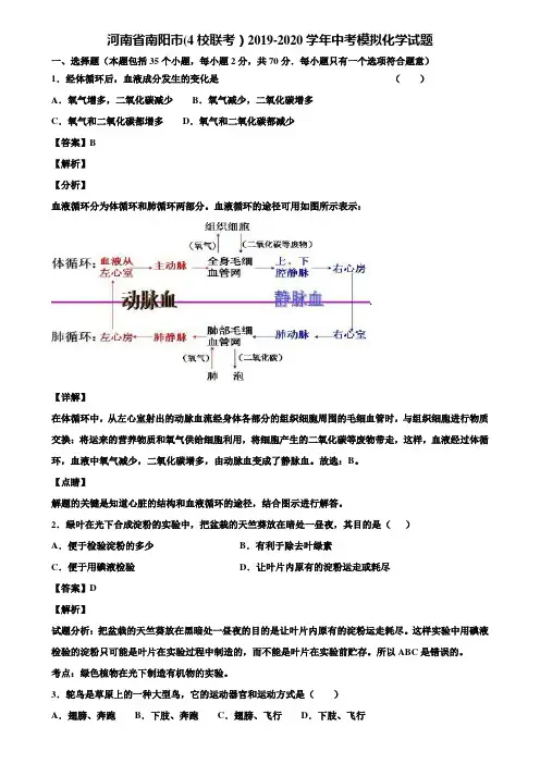 河南省南阳市(4校联考)2019-2020学年中考模拟化学试题含解析