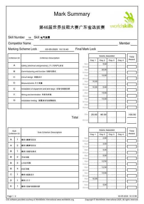 第46届世界技能大赛广东省选拔赛电气装置项目评分标准v