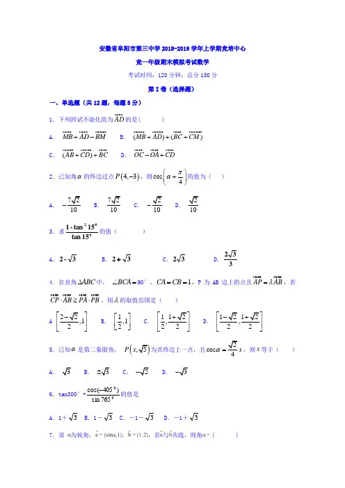 安徽省阜阳市第三中学20182019学年高一竞培中心上学期期末模拟考试数学试题
