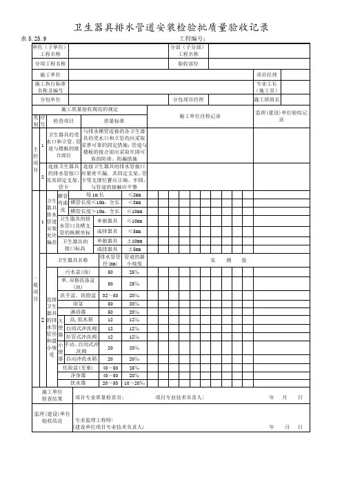 卫生器具排水管道安装检验批质量验收记录
