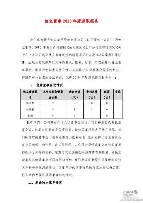 紫光古汉：独立董事2010年度述职报告
 2011-04-15