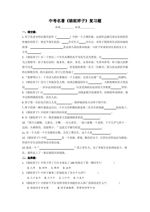 2021年中考语文二轮复习《骆驼祥子》复习题(含答案)