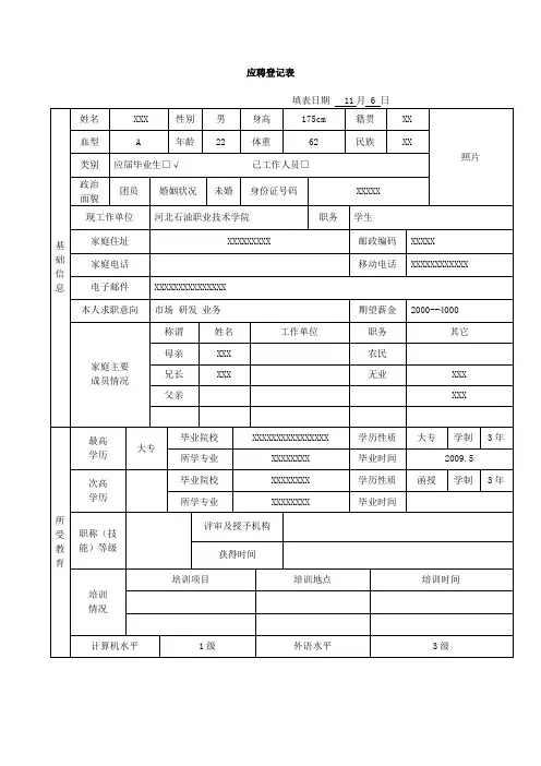 毕业生求职应聘登记表