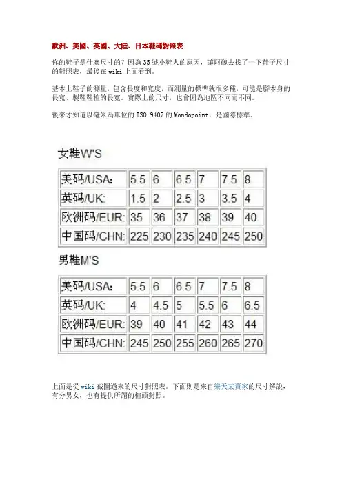 欧洲、美、英、大陆、日本鞋码对照表