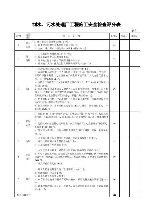 制水、污水处理厂工程施工安全检查评分表  表5