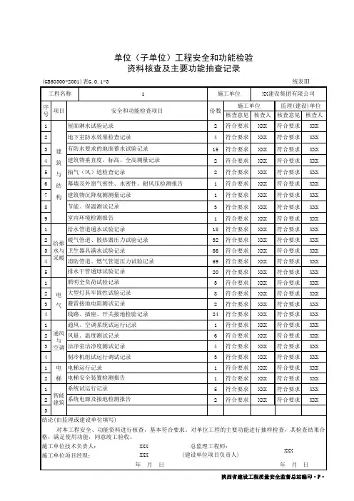 001-单位(子单位)工程安全和功能检验资料核查及主要功能G.0
