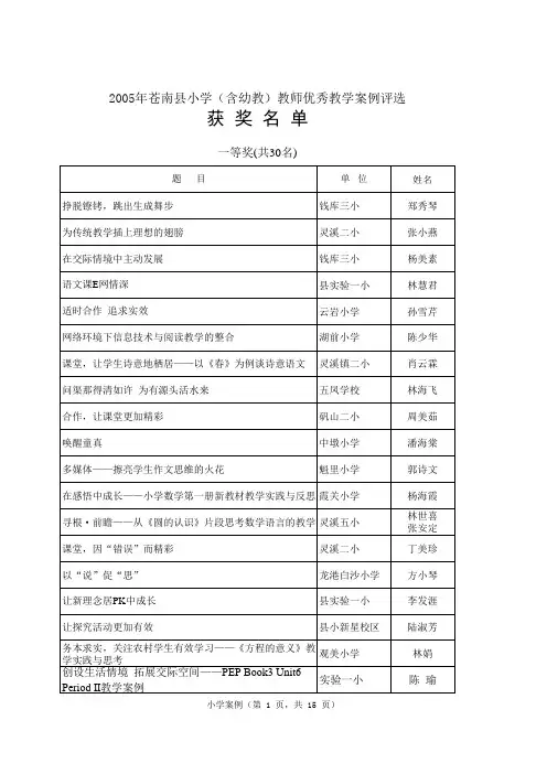 2005年苍南县中小学教师优秀教学论文及案例结果