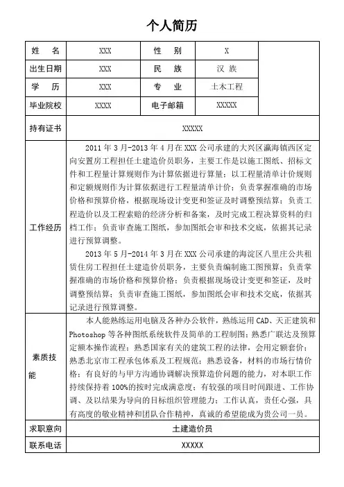 XXX土建造价员简历