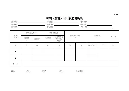 碎石(卵石)压 碎 值压碎指标值试验记录表