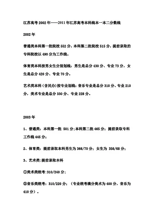 江苏高考2002年——2011年江苏高考本科线本一本二分数线