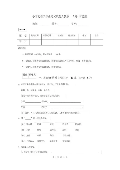 小升初语文毕业考试试题人教版A卷附答案