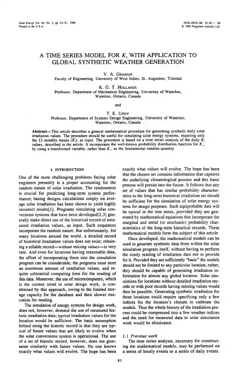 A TIME SERIES MODEL FOR Kt WITH APPLICATION TO GLOBAL SYNTHETIC WEATHER GENERATION