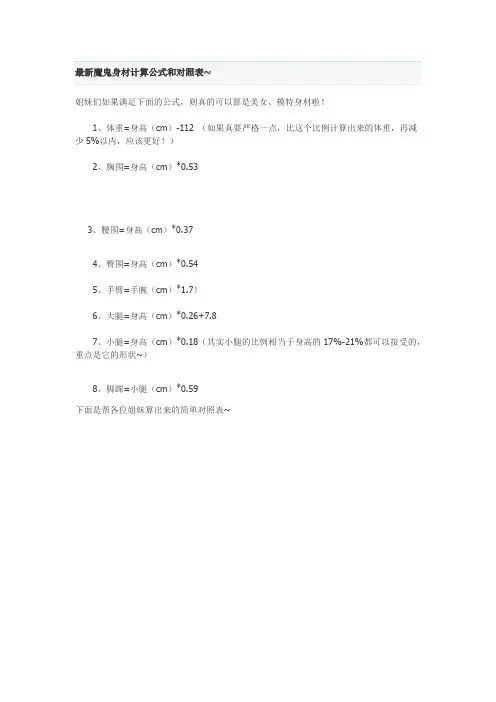 最新魔鬼身材计算公式和对照表