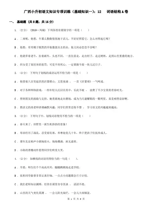 广西小升初语文知识专项训练(基础知识一)：12   词语结构A卷