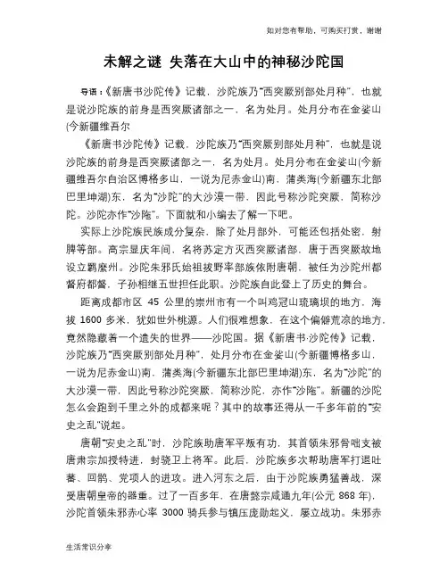历史趣谈未解之谜 失落在大山中的神秘沙陀国
