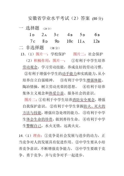 2017安徽初中学业水平考试(2)答案